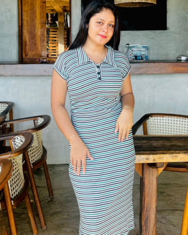 Waffle Collar Neck Cap Sleeves Midi Dress
