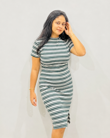 Green Waffle Stripe High Neck Bodycon Dress