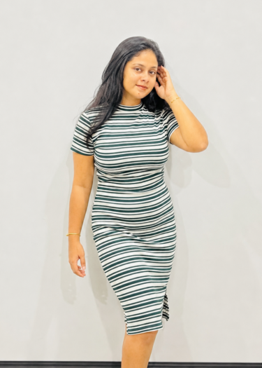 Green Waffle Stripe High Neck Bodycon Dress