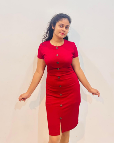 Cherry Red Rib Button Dress