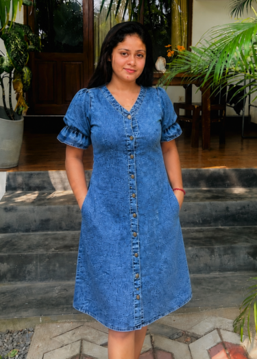 Denim Button Down Puff Sleeve Dress