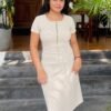 Cream Front Zip Bodycon Dress - Image 3
