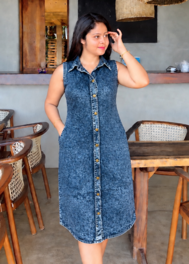 Blue Sleeveless Button Denim Dress
