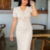 Rib Cream Front Ruffle Bodycon Dress - Image 2
