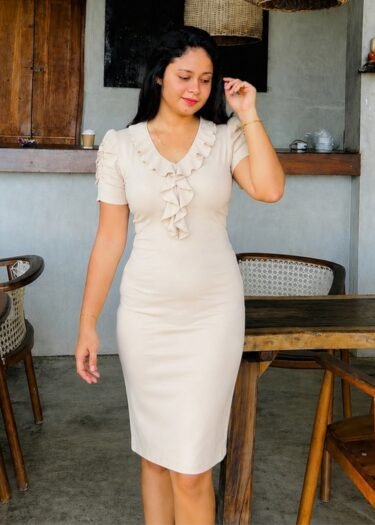Alternative view of Rib Cream Front Ruffle Bodycon Dress