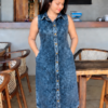 Blue Sleeveless Button Denim Dress - Image 2